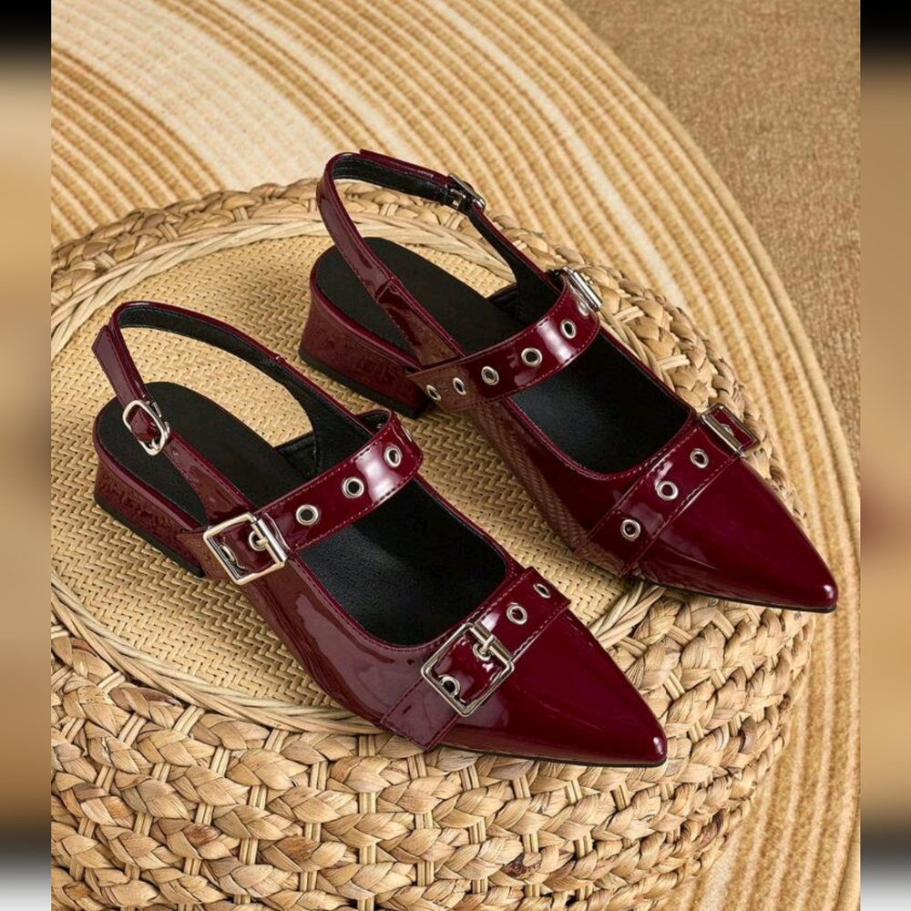 Women Rivet Pointed Toe Block Heel Mules Loafers, Burgundy - Picture 2 of 8